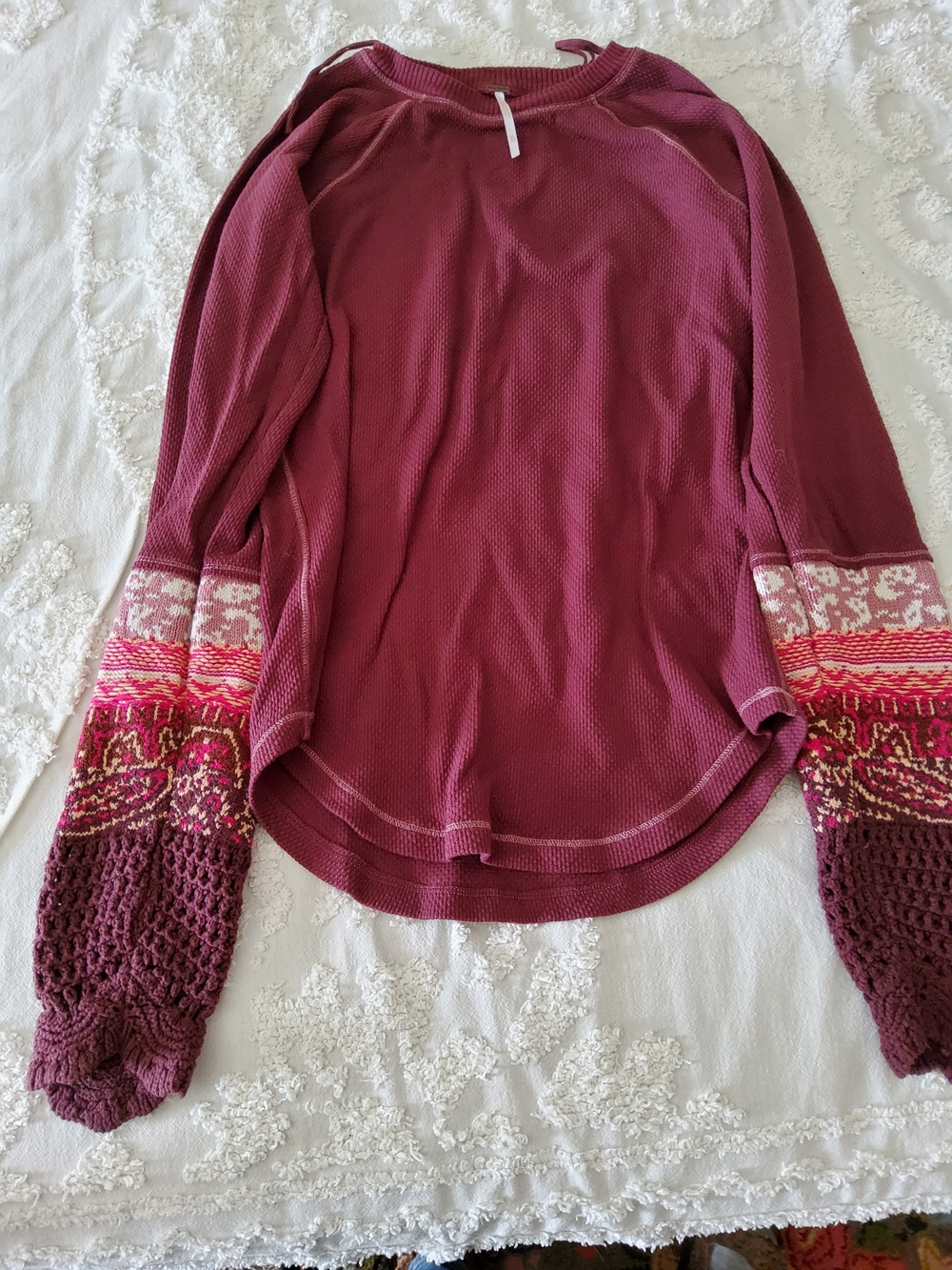Free People Burgundy Thermal Top with Pink & Cream Sleeve Accents Size XL